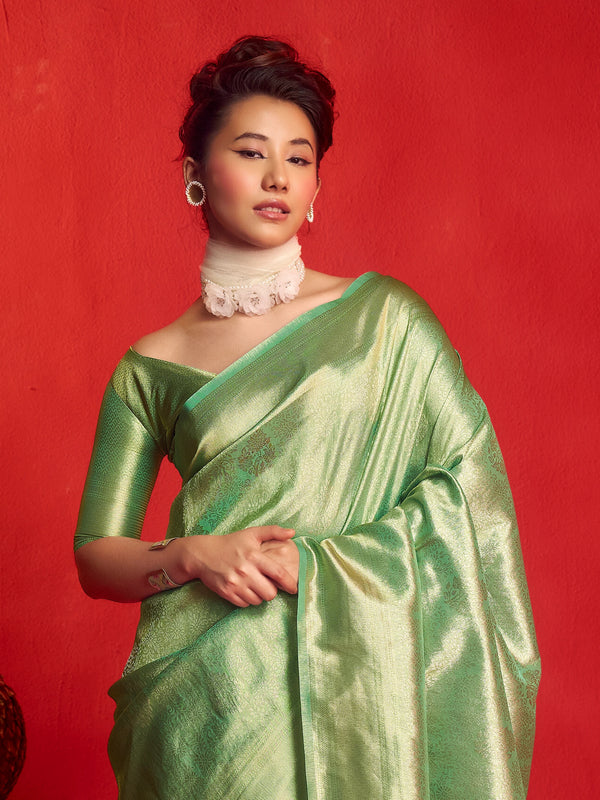 Pista Green Banarasi Tissue Silk Saree – pallu and blouse