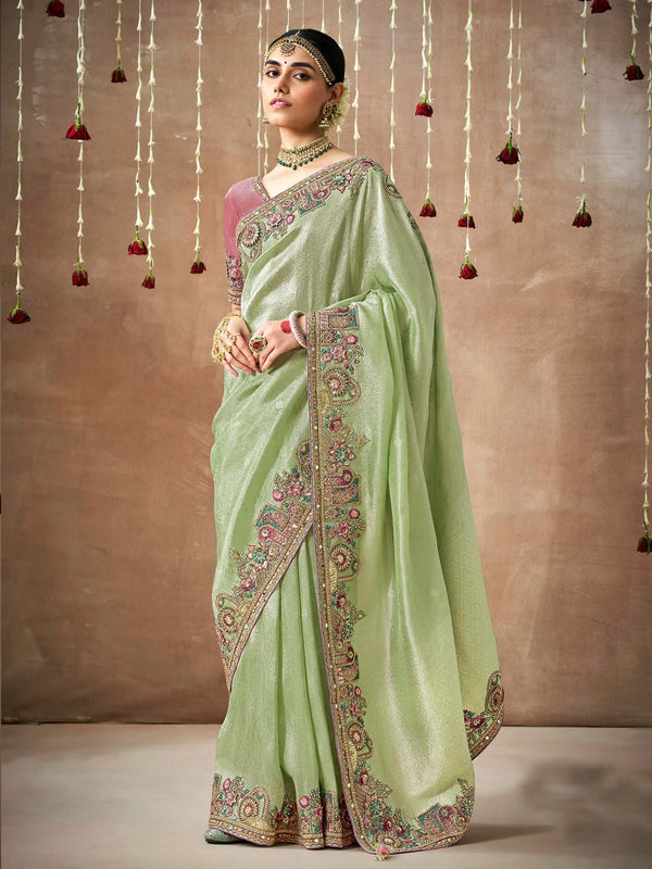 Pista Green Bridal Zari Woven Pure Tissue Dola Silk Saree
