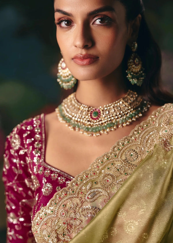 Pista Green Designer Silk Saree with Zari Embroidery Work