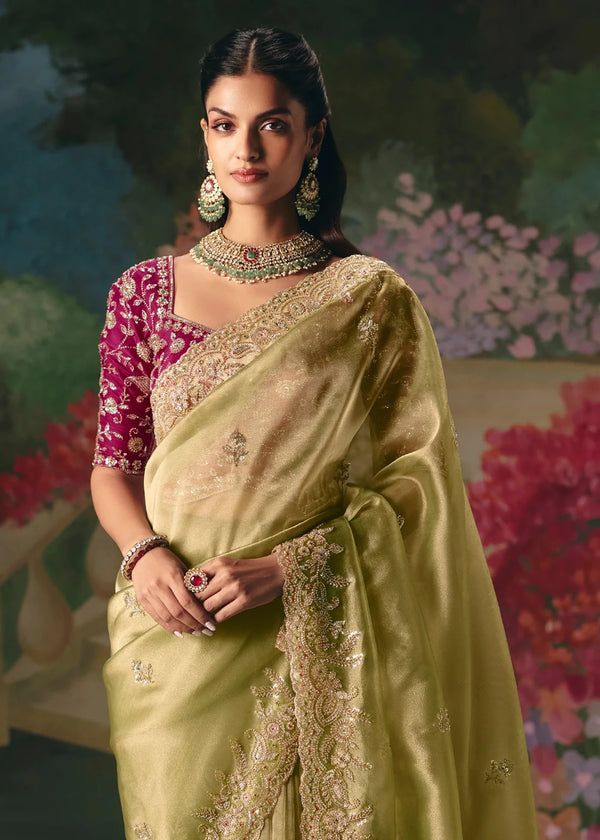 Pista Green Designer Silk Saree with Zari Embroidery Work
