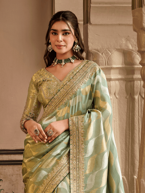 Pista Green Embroidered Designer Tissue Silk Saree