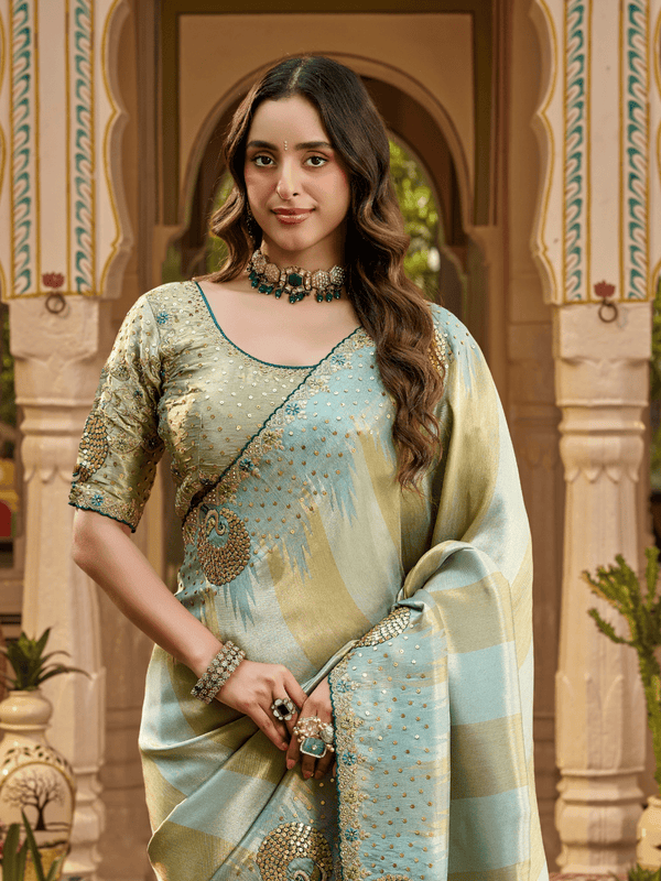 Pista Green Embroidered Designer Tissue Silk Saree