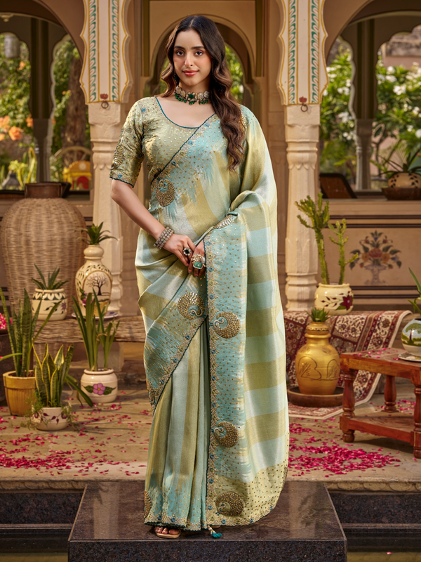 Pista Green Embroidered Designer Tissue Silk Saree