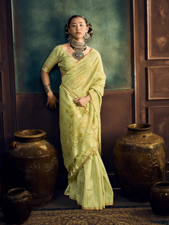 Pista Green Handloom Jamdani Slub Cotton Saree