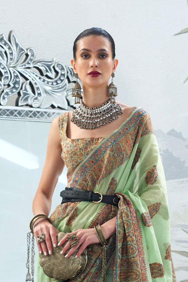 Pista Green Kashmiri Handloom Woven Jamawar Silk Saree