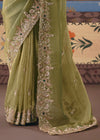 Pista Green Organza Silk Saree with Bottle Green Contrast Blouse
