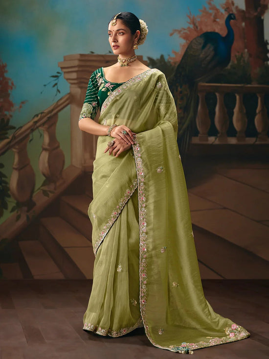 Pista Green Organza Silk Saree with Dark Green Contrast Blouse