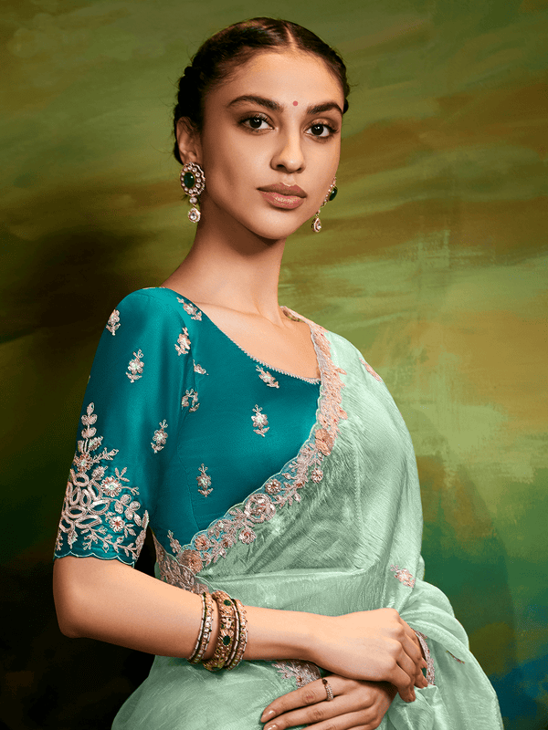 Pista Green Tissue Silk Designer Saree with Embroidery