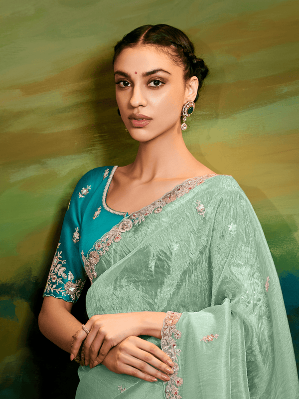 Pista Green Tissue Silk Designer Saree with Embroidery