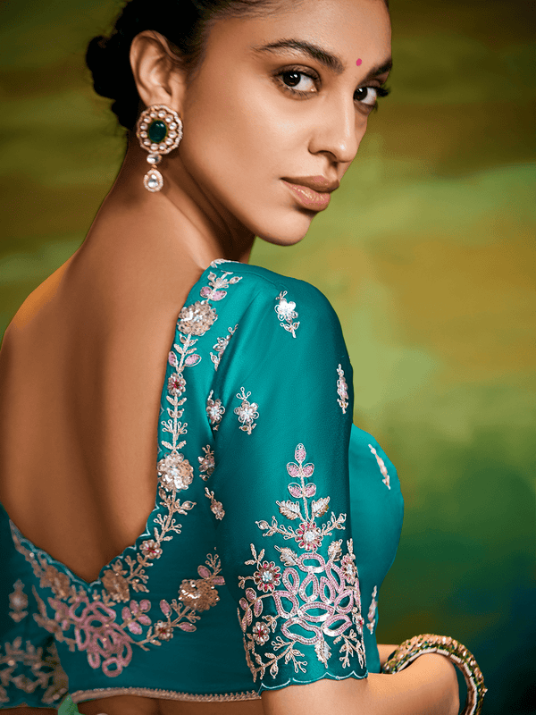 Pista Green Tissue Silk Designer Saree with Embroidery