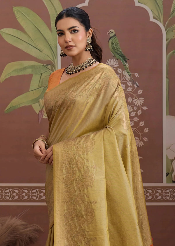 Pista Green Tussar Silk Saree with Orange Contrast Blouse