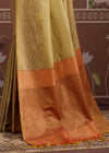 Pista Green Tussar Silk Saree with Orange Contrast Blouse