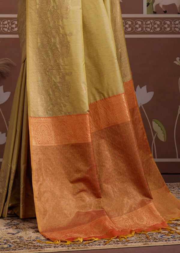 Pista Green Tussar Silk Saree with Orange Contrast Blouse