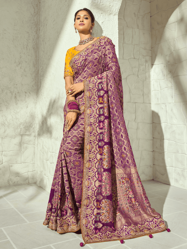 Plum Purple Banarasi Georgette Saree With Contrast Blouse