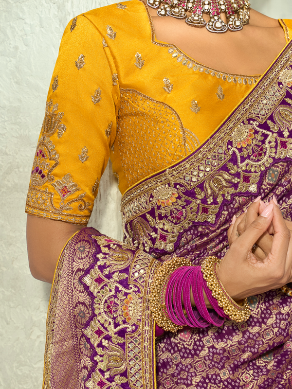 Plum Purple Banarasi Georgette Saree With Contrast Blouse
