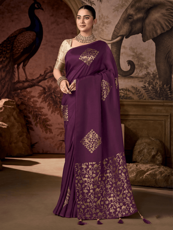 Plum Purple Banarasi Soft Silk Saree With Contrast Blouse