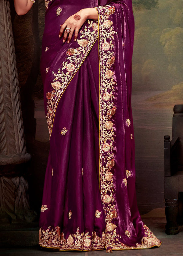 Plum Purple Designer Organza Silk Saree