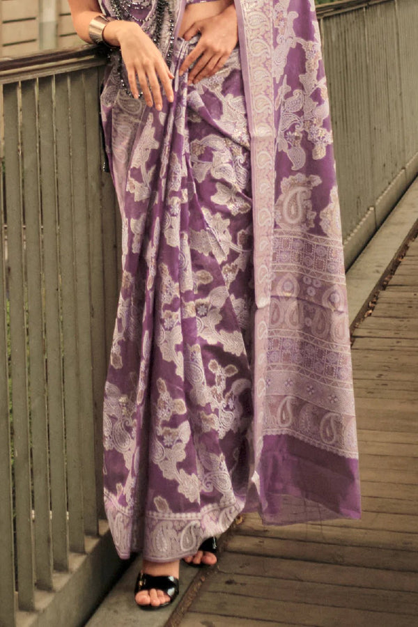 Plum Purple Lucknowi Chikankari Organza Saree