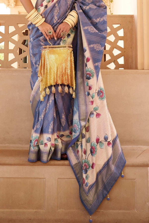 Powder Blue And Cream Banarasi Silk Saree With Floral Pallu