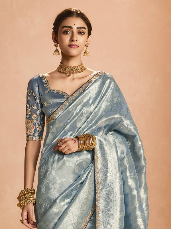 Powder Blue Banarasi Bridal Tissue Silk Saree