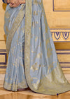 Powder Blue Banarasi Crepe Silk Saree with Navy Blue Contrast Blouse