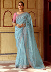 Powder Blue Designer Tissue Silk Saree With Embroidery