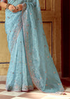 Powder Blue Designer Tissue Silk Saree With Embroidery
