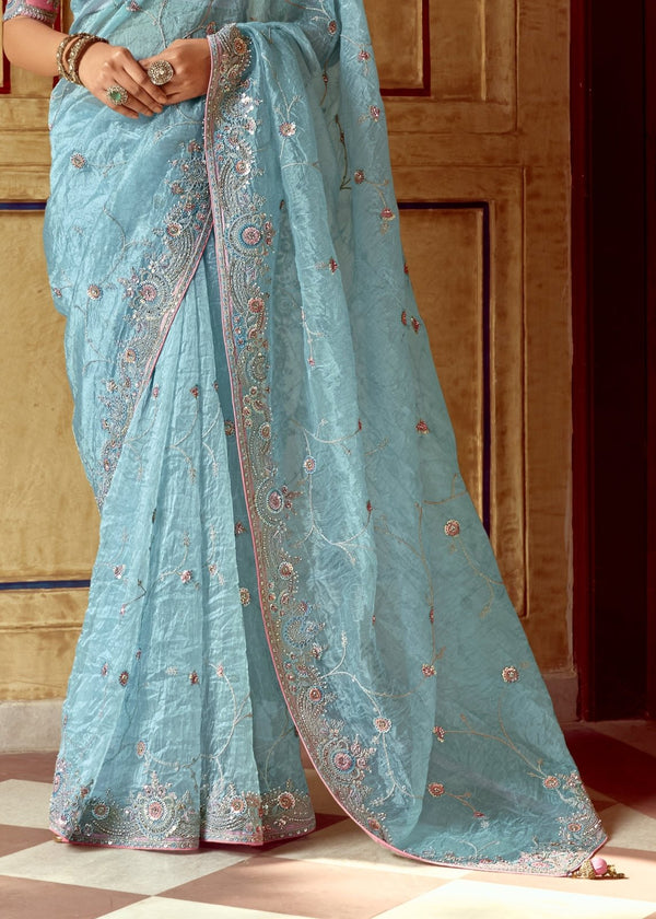 Powder Blue Designer Tissue Silk Saree With Embroidery