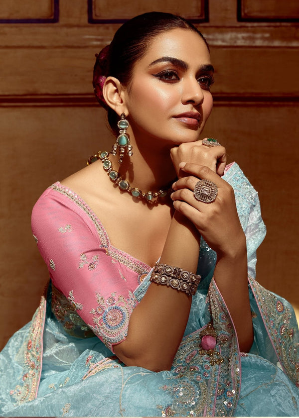 Powder Blue Designer Tissue Silk Saree With Embroidery