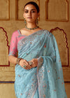 Powder Blue Designer Tissue Silk Saree With Embroidery