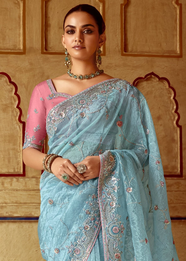 Powder Blue Designer Tissue Silk Saree With Embroidery