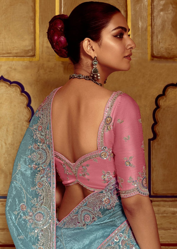 Powder Blue Designer Tissue Silk Saree With Embroidery