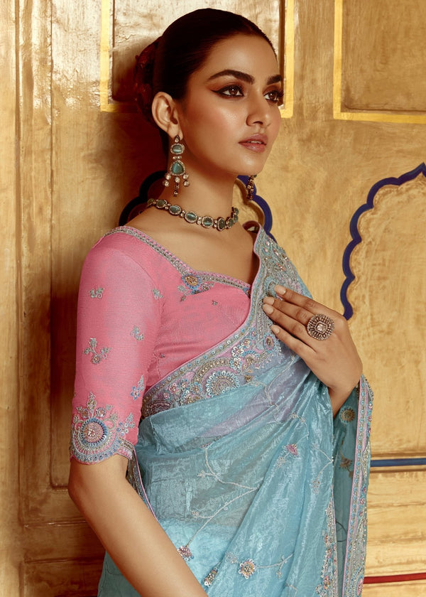Powder Blue Designer Tissue Silk Saree With Embroidery