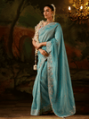 Powder Blue Embroidered Designer Tissue Silk Saree With Contrast Blouse