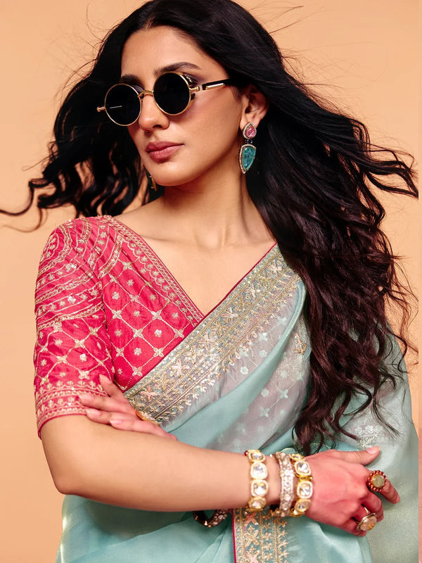 Powder Blue Organza Silk Designer Saree with Pink Contrast Blouse