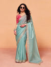 Powder Blue Organza Silk Designer Saree with Pink Contrast Blouse