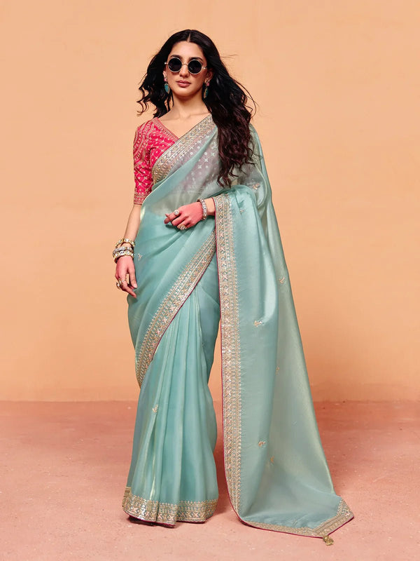 Powder Blue Organza Silk Designer Saree with Pink Contrast Blouse