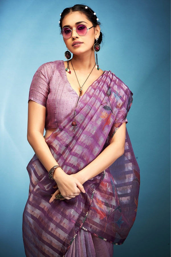 Premium Purple Printed Tissue Silk Saree