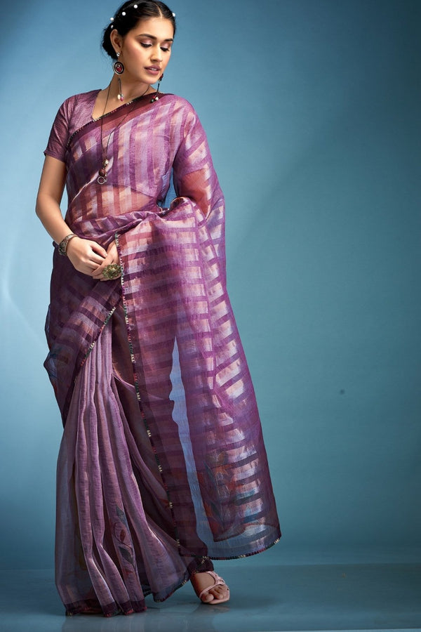 Premium Purple Printed Tissue Silk Saree