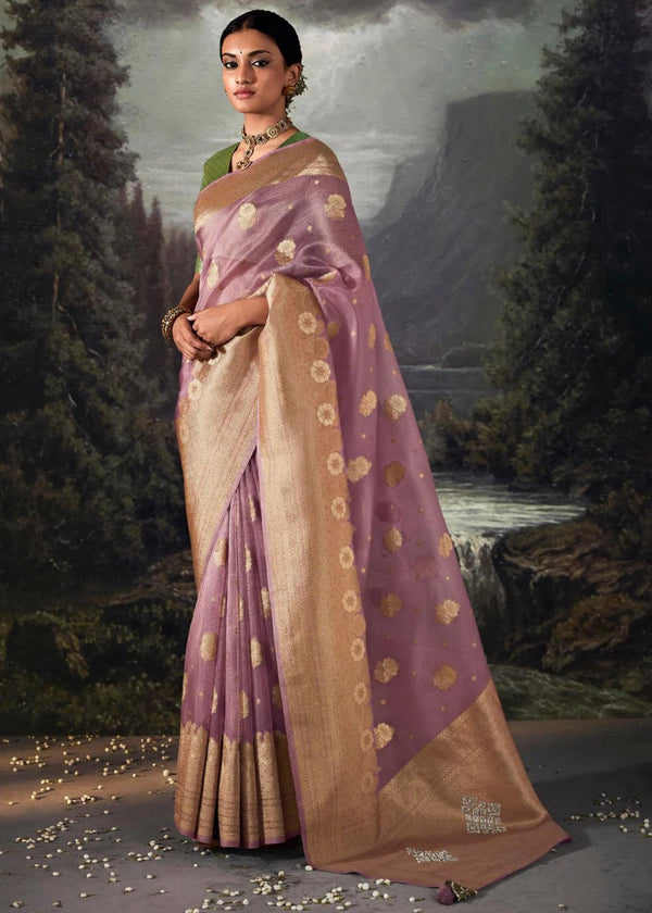 Puce Purple Woven Banarasi Organza Silk Saree