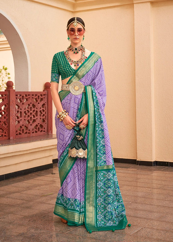 Purple And Green Woven Printed Patola Silk Saree