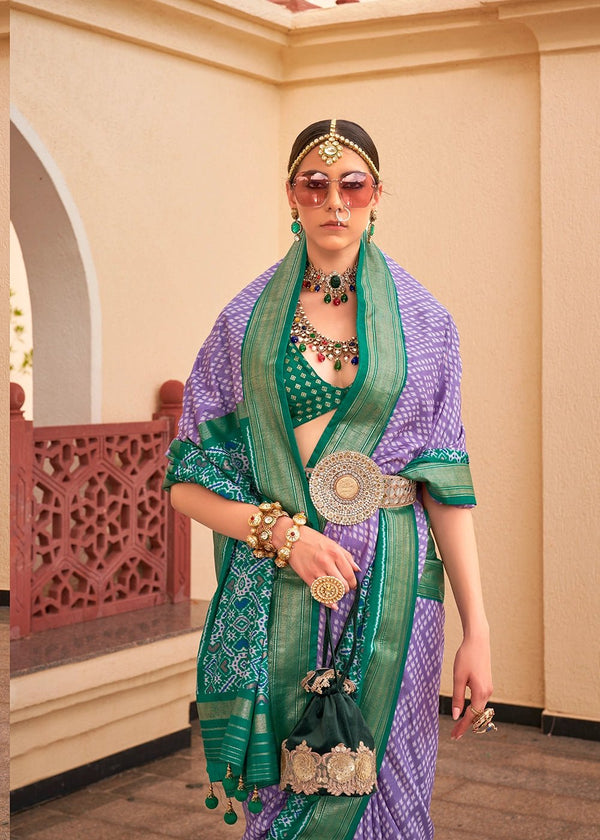 Purple And Green Woven Printed Patola Silk Saree