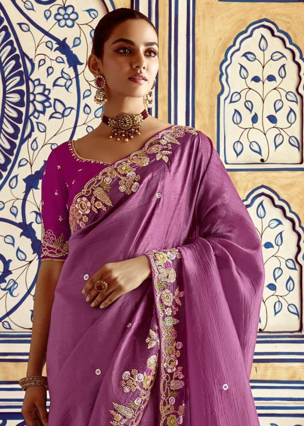 Purple Designer Tissue Silk Saree With Embroidery
