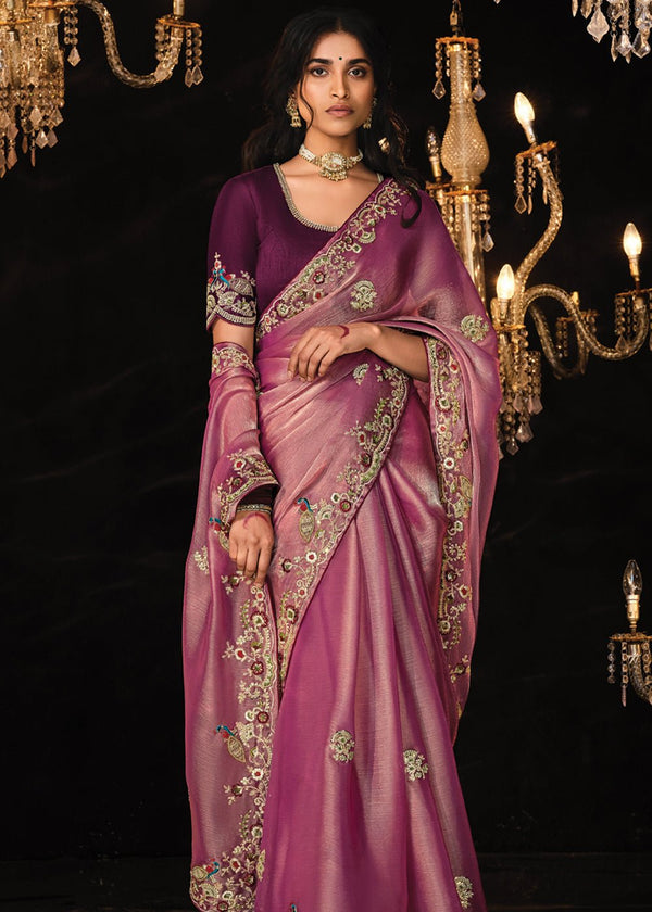 Purple Heavy Embroidery Designer Silk Saree