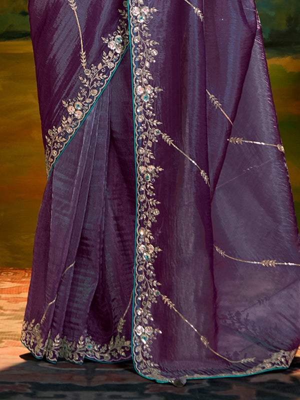 Purple Tissue Silk Designer Saree with Embroidery Work