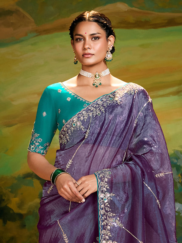 Purple Tissue Silk Designer Saree with Embroidery Work