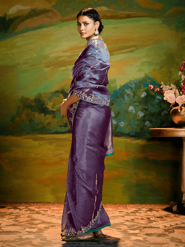 Purple Tissue Silk Designer Saree with Embroidery Work
