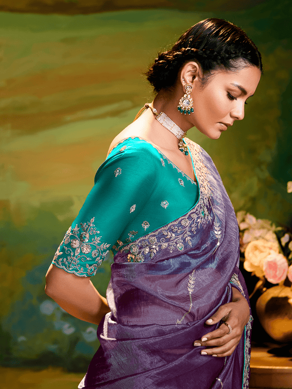 Purple Tissue Silk Designer Saree with Embroidery Work