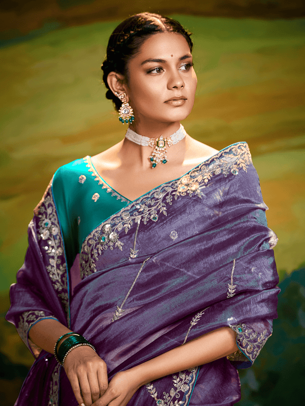 Purple Tissue Silk Designer Saree with Embroidery Work