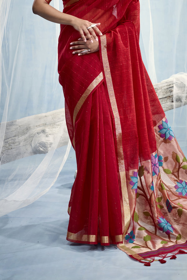 Scarlet Red Paithani Cotton Silk Saree